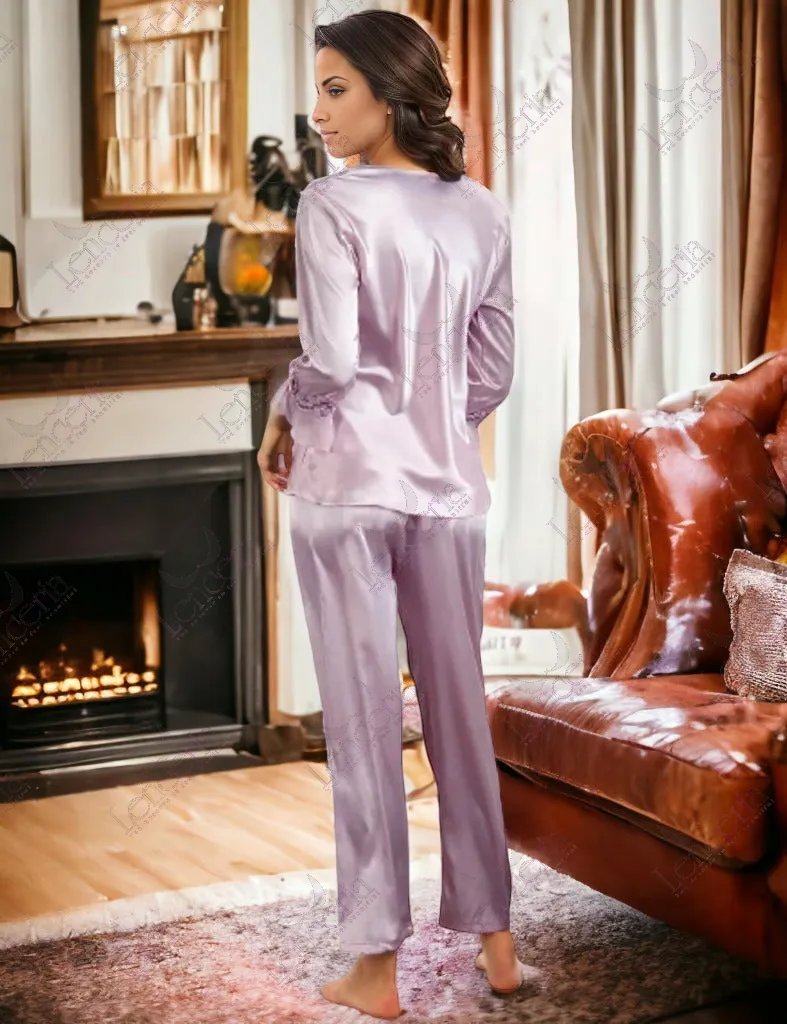 Lavender Long Sleeve Silk ice pyjama set very comfortable (u4) Lenceria.pk