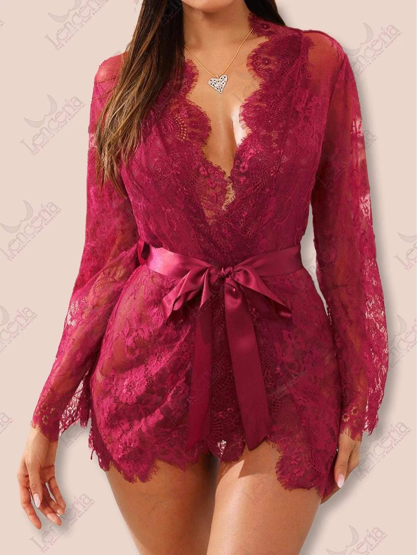 Mariee Bridal lace robe and teddy suit set (3 piece) - extremely stunning (m1) Lenceria-lingerie.pk