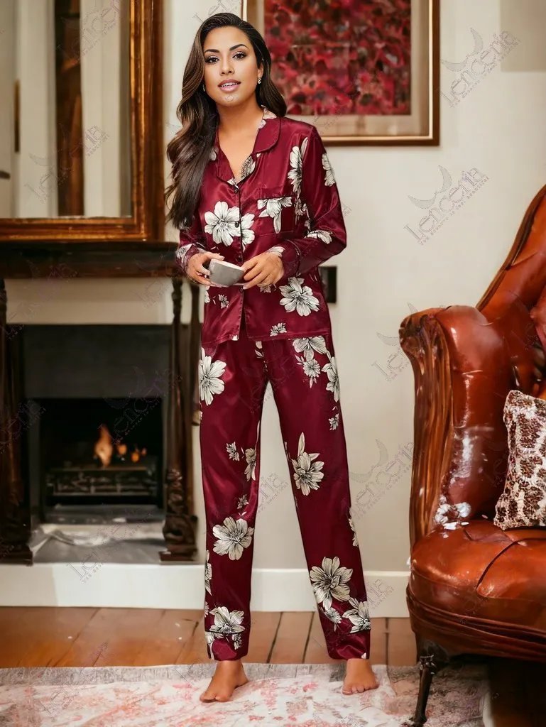 Rouge fonce silk pajama set (u18) lenceria-lingerie.pk