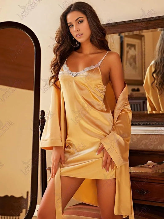 Yellow Bridal Oro belted robe set - extremely elegant (L6) Lenceria.pk